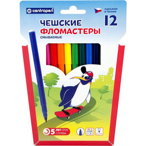 Фломастеры 12 цветов Centropen Пингвины, смываемые, вентилируемый колпачок, пвх упаковка