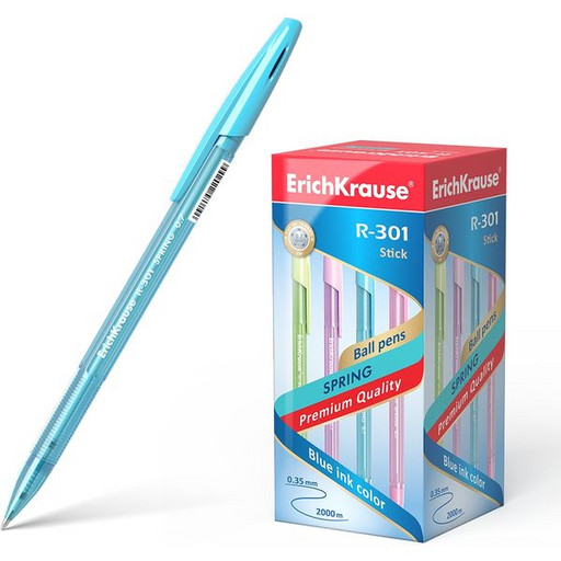 Ручка шариковая 0,7 мм синяя ErichKrause R-301 Spring Stick, тонированный корпус ассорти