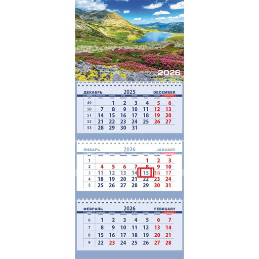 Календарь настенный 3-х блочный 2026 г. Горные цветы: 295*700 мм, 3 гребня, бегунок, пикколо