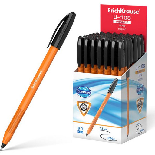 Ручка шариковая 1,0 мм черная ErichKrause U-108 Orange Stick одноразовая, Ultra Glide, оранж. корпус