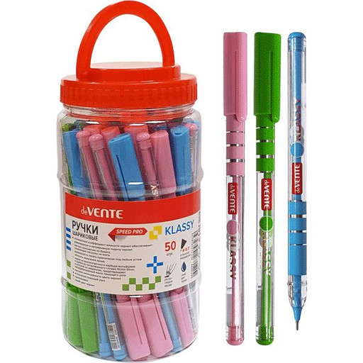 Ручка шариковая синяя, Ø 0.7 мм "игла", прозр. круг. корп., одноразовая, deVENTE Speed Pro_Klassy_3 дизайна