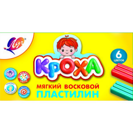 Пластилин восковой ЛУЧ Кроха, 6 цветов, 90 г, стек в комплекте, к/уп.