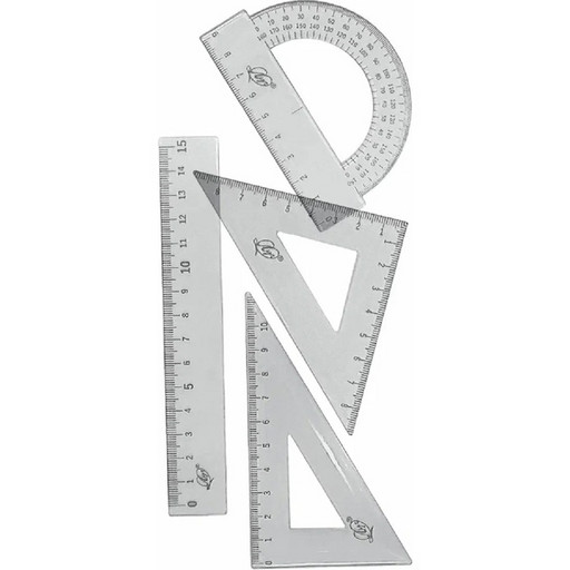 Инструменты чертежные 4 предм.: лин. 15, угол. 45°/8 и 30°/10, трансп. 9, ЛУЧ (прозрачные)