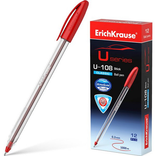 Ручка шариковая 1,0 мм красная ErichKrause U-108 Classic Stick Ultra Glide, прозрачный корпус, длина письма 1000 м