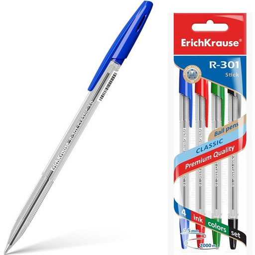 Набор ручек шариковых ErichKrause R-301 Classic Stick, 4 цвета, 1.0 мм, пулевидный ПУ