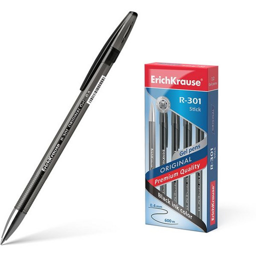 Ручка гелевая 0,5 мм черная ErichKrause R-301 Original Gel Stick, метал. наконечник, рифленый грип