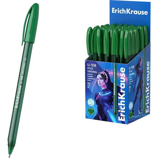 Ручка шариковая зеленая, 1.0 мм "игла", рифл. упор, тон. корп., ErichKrause U-108 Stick Original