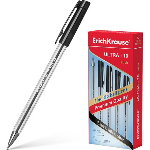 Ручка шариковая 0,7 мм черная ErichKrause ULTRA-10, игольчатый ПУ, метал. наконечник, прозрач. корп.