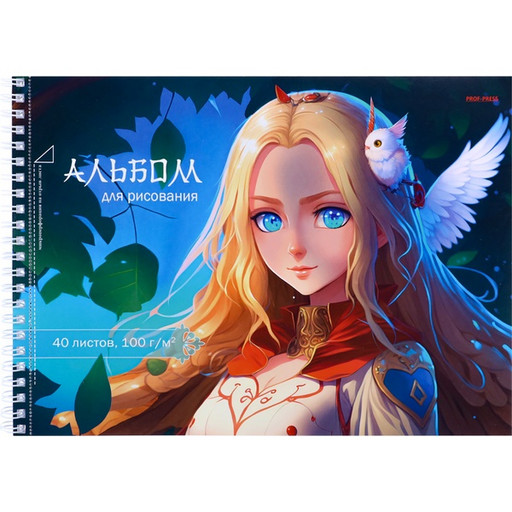 Альбом для рисования А4, 40 л., гребень, 1 диз, Prof-Press ДЕВУШКА С ПТИЧКОЙ
