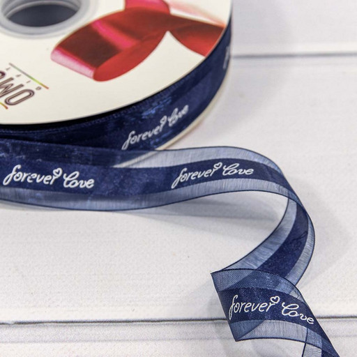 564-25/BK19 Лента Органза "Forever love" 2,5см*100 ярд Тёмно-синий 1/13 1/52