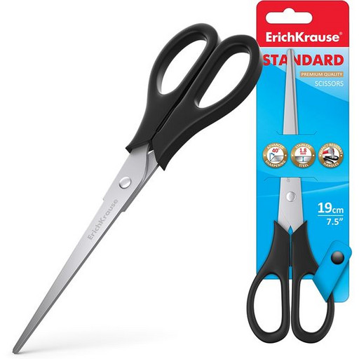 Ножницы 19 см ErichKrause Standard, пластиковые симметричные ручки, черные