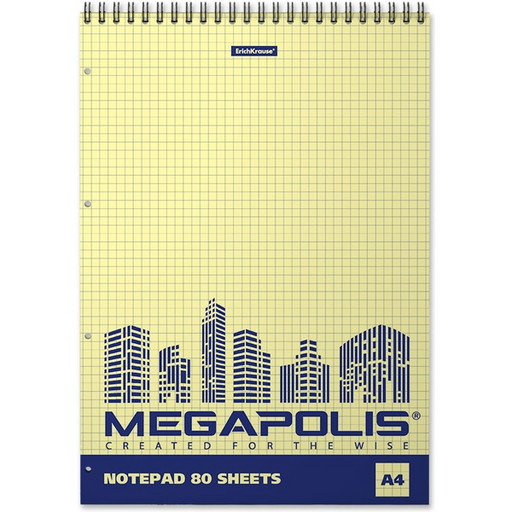 Блокнот на гребне А4 80 л. клетка ErichKrause MEGAPOLIS Yellow Concept, в/б желтый, перфорация