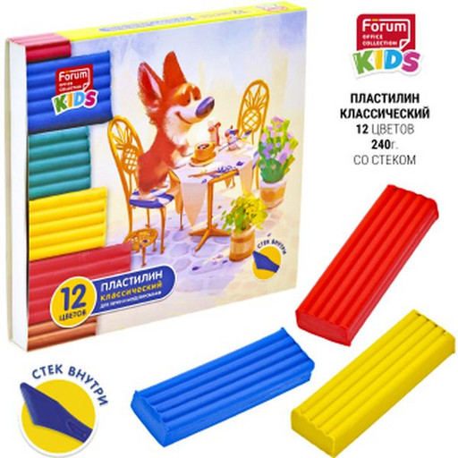 Пластилин классический Зверята FORUM Office Collection KIDS, 12 цветов, 240 г, стек в комплекте, к/уп.