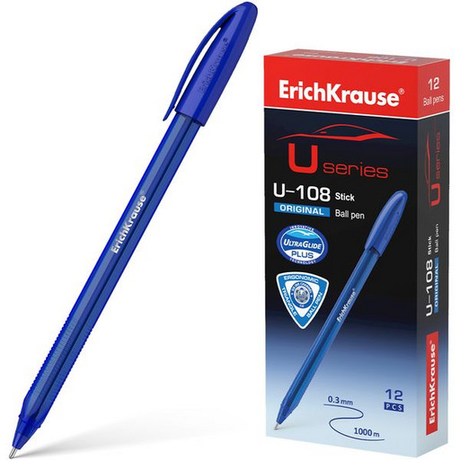 Ручка шариковая 1,0 мм синяя ErichKrause U-108 Classic Stick Ultra Glide, полупрозрачный корпус