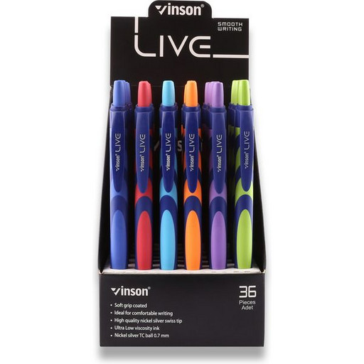 Ручка шариковая автоматическая, синяя, 0.7 мм, узел Fine tip, круглая, soft touch, Vinson Live (6 дизайнов)