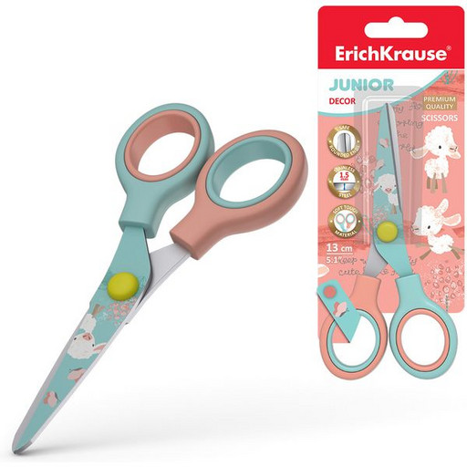 Ножницы детские 13 см ErichKrause Junior Decor Curly Sheep, дизайн на лезвии, комбинир. симметр. ручки*