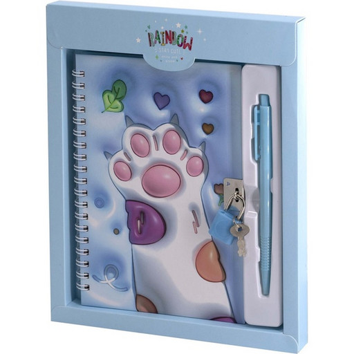 Блокнот с замочком, А5, 45 л, клетка, гребень, обл. 7БЦ, ручка + подар. упак., Alingar Лапки_голубой