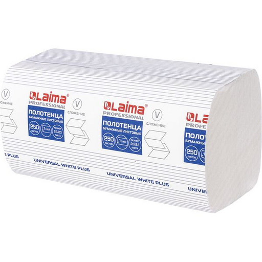 Полотенца бумажные LAIMA Universal White plus, V-сложение, 250 лист, 1-сл., 230*230 мм, 15 шт.