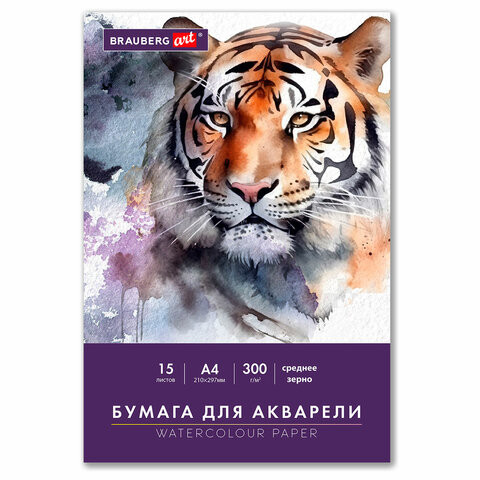 Бумага для акварели А4 в папке, 15 листов, 300 г/м2, среднее зерно, BRAUBERG ART CLASSIC, 116353