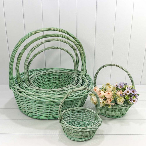 420500/6 Корзины плетёные Круглые Набор 1/6 49*19/52 (±5%) с ручкой Бело-зелёный 1/8