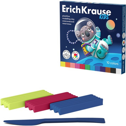 Пластилин классический ErichKrause Kids Space Animals, 10 цветов, 180 г, стек в комплекте, к/упак.*