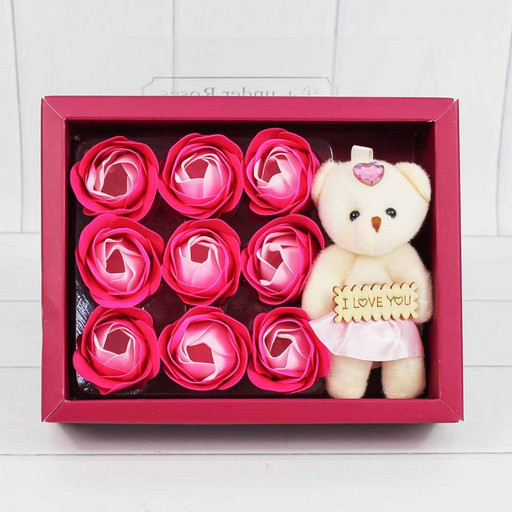 45029/4 Мыльные розы розовые градиент и Мишка в коробке 9шт