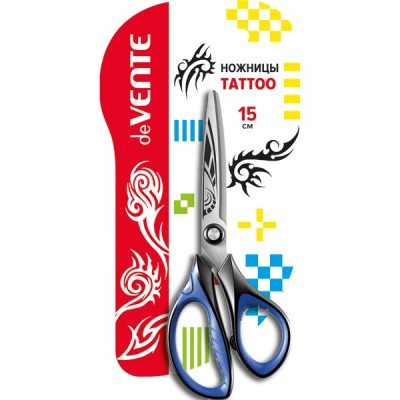 Ножницы 15 см deVENTE Tattoo, комбинированные асимметрич. ручки, гравировка на лезвиях, в к/блистере