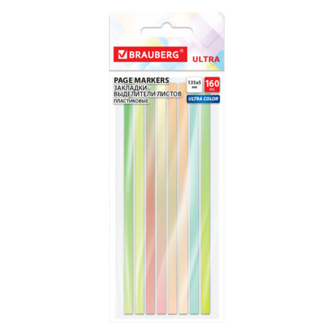 Закладки клейкие, выделители текста, BRAUBERG ULTRA COLOR, 135х5 мм, 160 штук (8 цветов х 20 листов), 116685