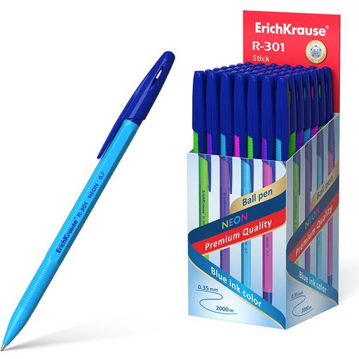 Ручка шариковая 0,7 мм синяя ErichKrause R-301 Neon Stick, непрозрачный корпус ассорти