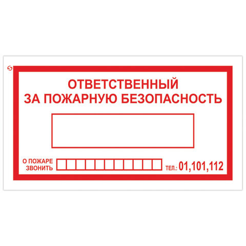 Знак вспомогательный "Ответственный за пожарную безопасность", 250х140 мм, пленка самоклеящаяся, 610049/В43