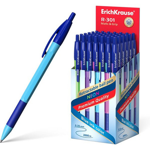 Ручка шариковая автоматическая 0,7 мм синяя ErichKrause R-301 Neon Matic&Grip, непрозрачный корпус ассорти