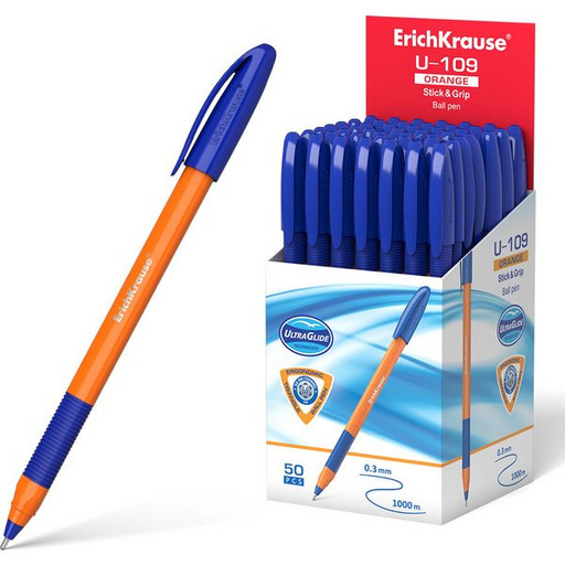 Ручка шариковая 1,0 мм синяя ErichKrause U-109 Classic Stick&Grip Ultra Glide, одноразовая, каучуковая вставка, оранжевый корпус, длина письма 1000 м