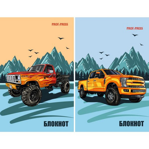 Блокнот на склейке А7, 48 л., клетка, 60 г/м², Prof-Press Автомобиль в горах_2 дизайна