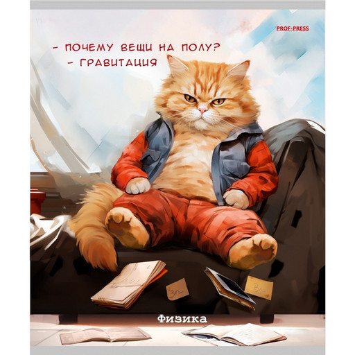Тетрадь предметная 48 л., клетка, 60 г/м?, обл. мел. картон, Prof-Press Жил был кот_Физика