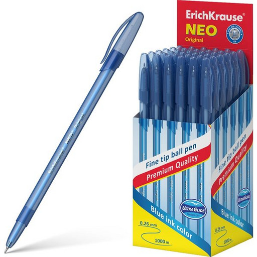 Ручка шариковая 0,7 мм синяя ErichKrause Neo Original игольчатый пишущий узел, полупрозрачный синий корпус, длина письма 1000 м
