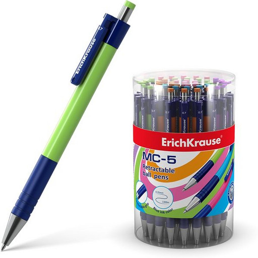 Ручка шариковая автоматическая 0.7 мм синяя ErichKrause MC-5 длина письма 1,3 км, металлический наконечник, каучуковая вставка, ассорти
