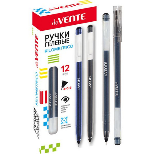Ручка гелевая 0,5 мм черная deVENTE. Kilometrico, одноразовая, прозрачн. корпус длина письма 1200 м*