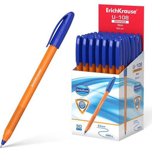 Ручка шариковая 1,0 мм синяя ErichKrause U-108 Orange Stick одноразовая Ultra Glide, оранж. корпус