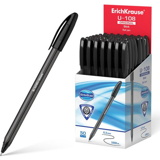 Ручка шариковая 1,0 мм черная ErichKrause U-108 Original Stick одноразовая, Ultra Glide, тонир.корпус