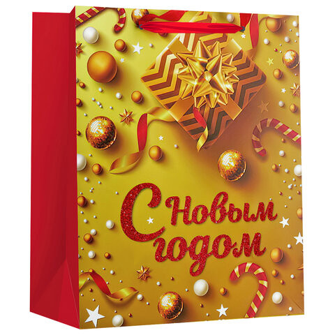 Пакет подарочный новогодний 26,5x12,7x33 см ЗОЛОТАЯ СКАЗКА "New Year" глиттер, красный/золото, 608229