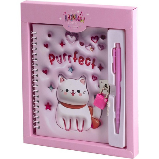 Блокнот с замочком, А5, 46 л, клетка, гребень, обл. 7БЦ, ручка + подар. упак., Alingar Кот-пухляш_розовый