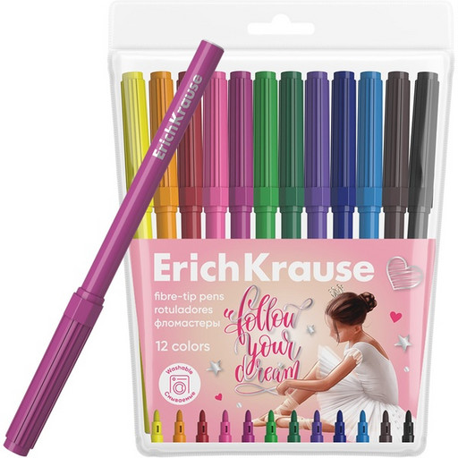 Фломастеры 12 цветов ErichKrause Pointes Washable, смываемые, чернила на в/о, вентилируемый колпачок