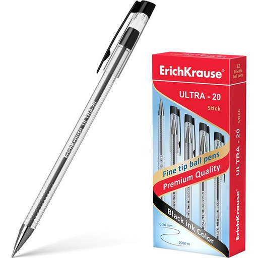 Ручка шариковая 0,7 мм черная ErichKrause ULTRA-20 игольчатый пишущий узел, металлизированный наконечник, прозрачный корпус