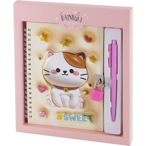 Блокнот с замочком, B6, 45 л, клетка, гребень, обл. 7БЦ, ручка + подар. упак., Alingar Котик_персиковый