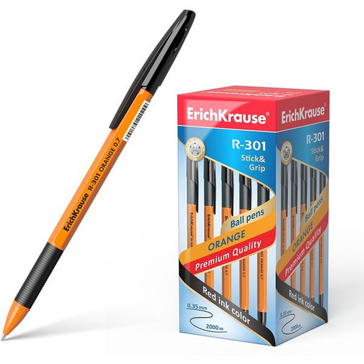 Ручка шариковая 0,7 мм черная ErichKrause R-301 Orange Stick&Grip, оранжевый корпус, каучук. вставка