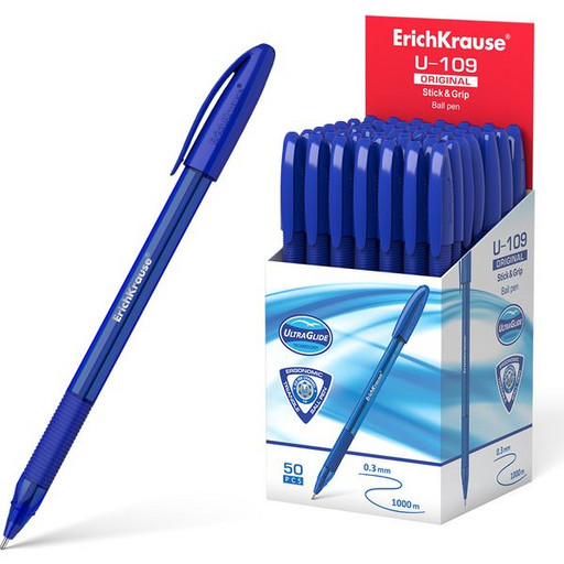 Ручка шариковая 1,0 мм синяя ErichKrause U-109 Original Stick&Grip Ultra Glide, одноразовая, каучуковая вставка, тонированный синий корпус, длина письма 1000 м