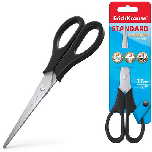 Ножницы 17 см ErichKrause Standard, пластиковые симметричные ручки, черный