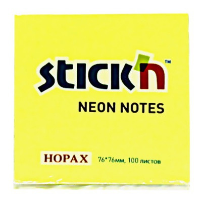 Бумага для заметок с клеевым краем, 76*76 мм, 100 л., 70 г/м2, желтый неон, Stick`n Neon Hopax