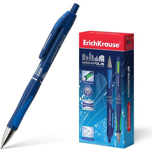 Ручка шариковая автоматическая 0,7 мм синяя ErichKrause Megapolis Concept, неоновые грип и кнопка