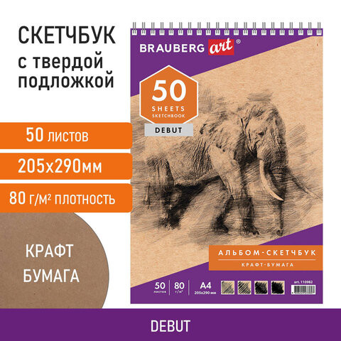 Скетчбук, крафт-бумага 80 г/м2, 205х290 мм, 50 л., гребень, жёсткая подложка, BRAUBERG ART DEBUT, 110982